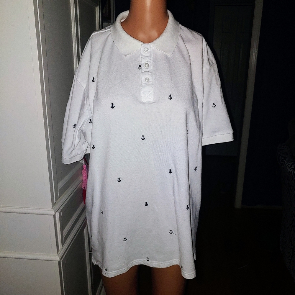 Charleston Threads Mens L White Shirt with stitched blue anchors LARGE